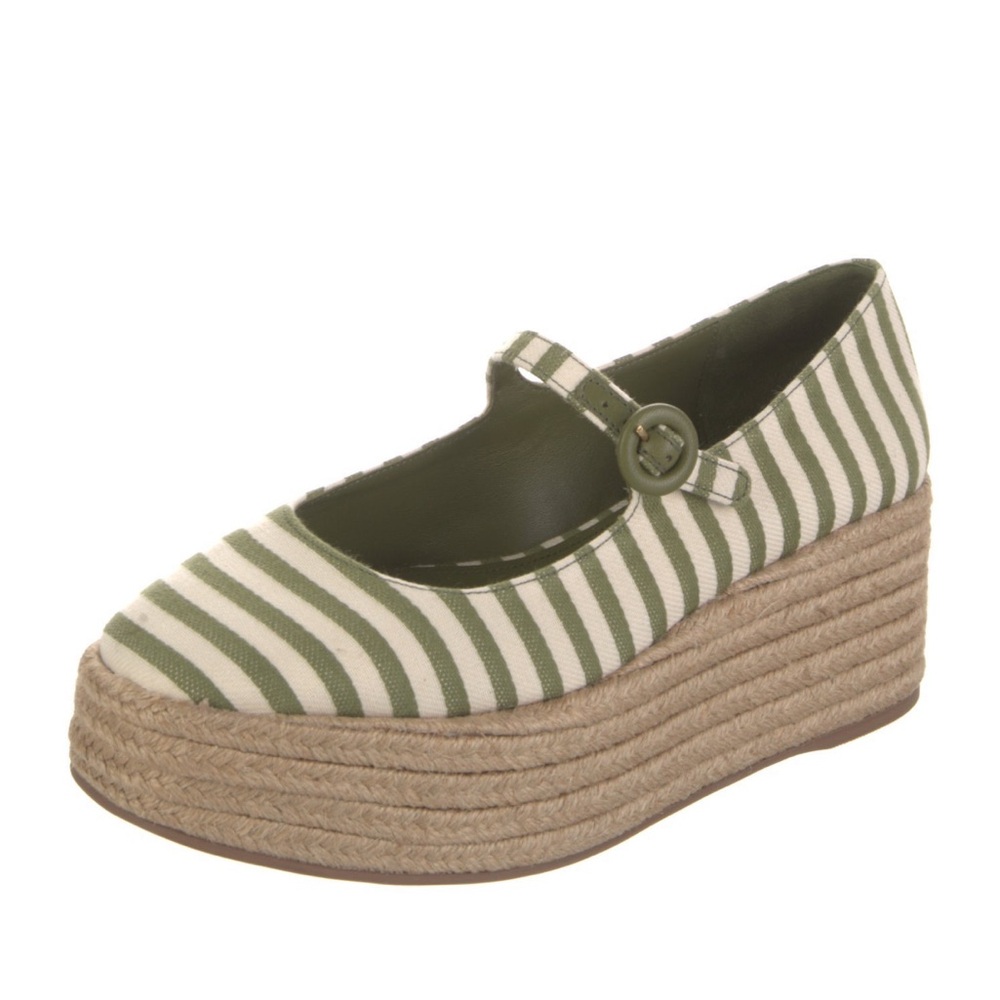 New in box Larroude “Blair Flatform” platform Mary Jane in green stripe.
